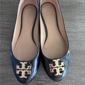 Tory Burch Black Patent Flats with Gold Logo